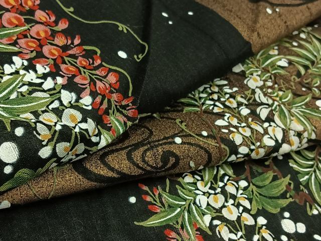 平和屋着物∴夏物　浴衣・小紋兼用　流水藤文　黒地　金彩　綿　AAAZ0681jh