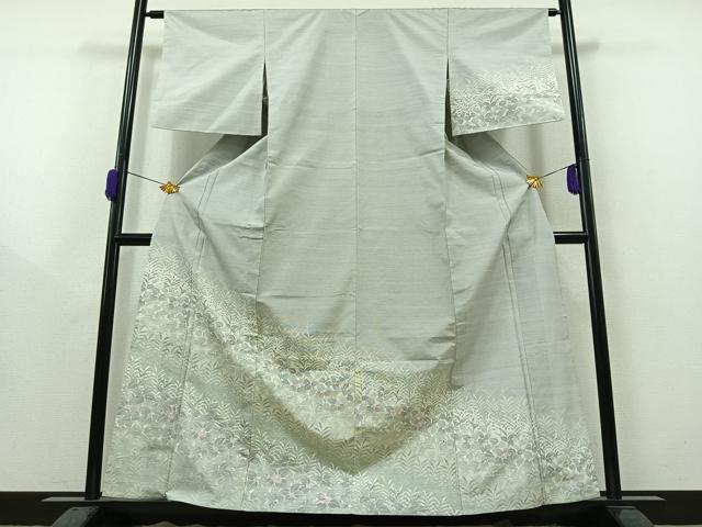 平和屋着物▽訪問着　単衣　紬地　草花文　正絹　逸品　AAAZ0693jh