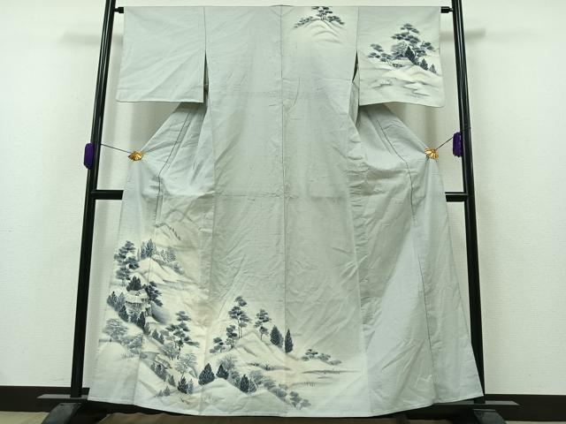 平和屋着物▽訪問着　単衣　紬地　風景文　暈し染め　正絹　逸品　AAAZ0972jh