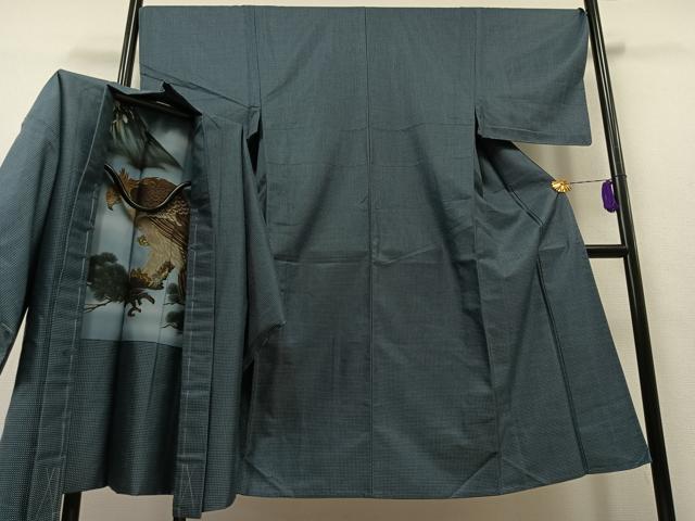 平和屋着物▽男性　紬　単衣　アンサンブル　幾何学文様　正絹　逸品　未使用　AAAZ0985jh