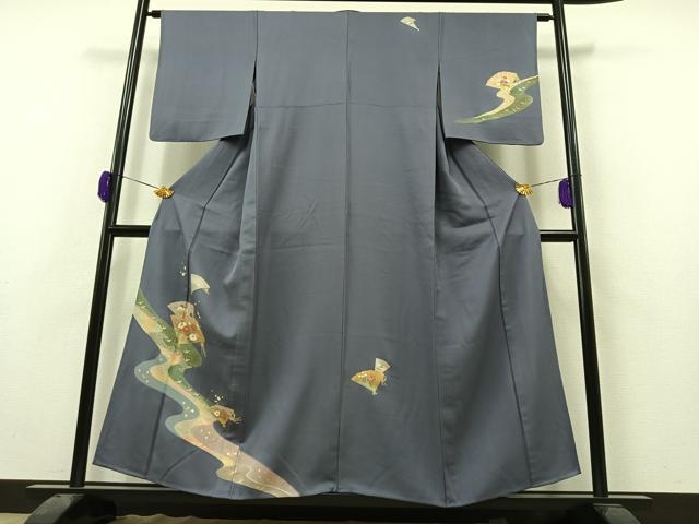 平和屋着物▽訪問着　単衣　流水扇面花文　金彩　正絹　逸品　AAAZ0999jh