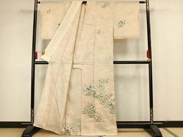 平和屋着物▽訪問着　単衣　紬地　草花文　正絹　逸品　AAAZ1393fy 平和屋着物▽訪問着 単衣 紬地 草花文 正絹 逸品 AAAZ1393fyの通販 by