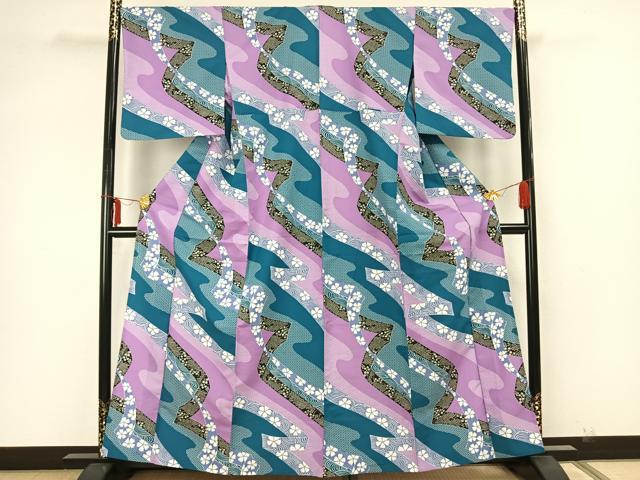 平和屋着物▽小紋 単衣 熨斗花文 洗える着物 AAAZ1400fy