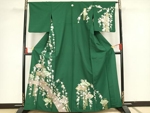 平和屋着物▽訪問着　単衣　扇面花鳥文　金彩　洗える着物　AAAZ1403fy