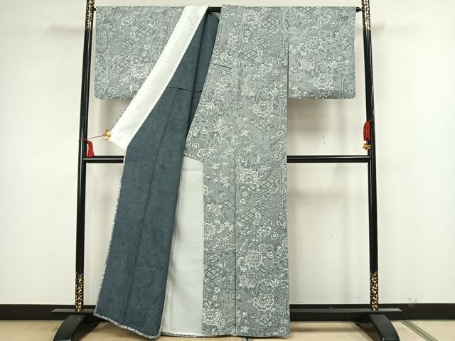 平和屋着物▽お召　単衣　天目織　草花文　正絹　逸品　AAAZ1407fy 平和屋着物▽お召 単衣 天目織 草花文 正絹 逸品 AAAZ1407fy