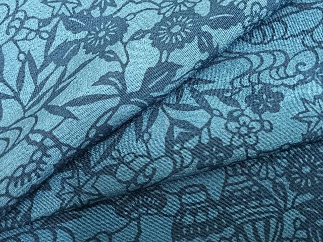 平和屋着物▽上質な小紋　単衣　藍　型染め　草花陶器文　正絹　逸品　AAAZ1441fy
