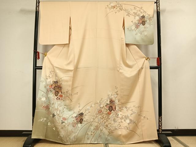 平和屋着物▽訪問着 単衣 刺繍 絞り 御所車花文 金彩 正絹 逸品