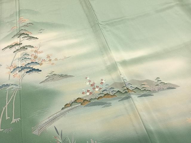 平和屋着物▽上質な色無地 単衣 扇面地紋 緑青色 正絹 逸品