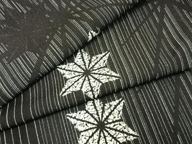 平和屋着物▽小紋　単衣　麻の葉文様　黒地　洗える着物　AAAZ1610fy