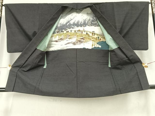 平和屋着物▽男性 紬 単衣 アンサンブル 色無地 鉄黒色 正絹 逸品  