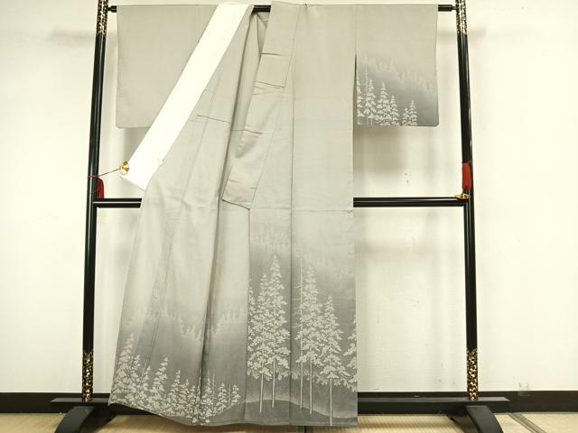 平和屋着物▽本塩沢　訪問着　単衣　樹林文　正絹　逸品　AAAZ1732fy_1