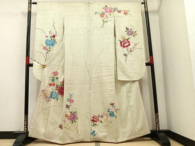 平和屋着物●豪華振袖　駒刺繍　絞り　扇面花文　金銀糸　正絹　逸品　AAAZ1780ph