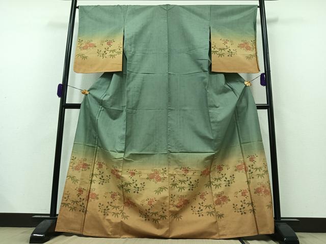 平和屋着物▽訪問着　単衣　紬地　草花文　暈し染め　正絹　逸品　AAAZ2335jh