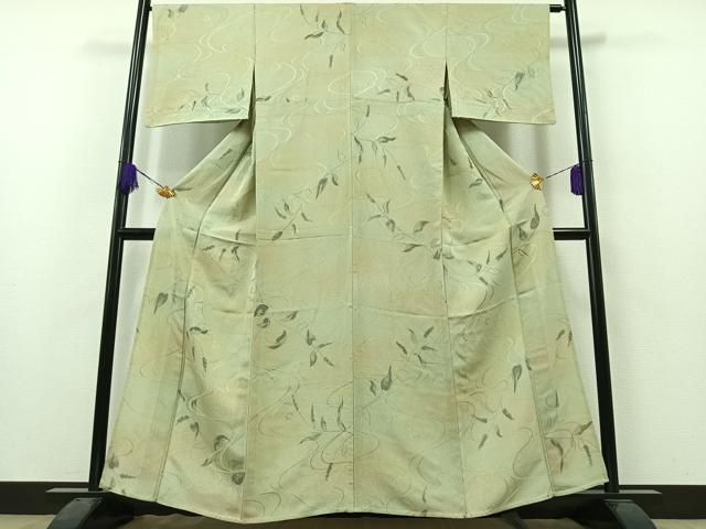 平和屋着物▽上質な小紋　単衣　流水草花文　暈し染め　正絹　逸品　AAAZ2347jh