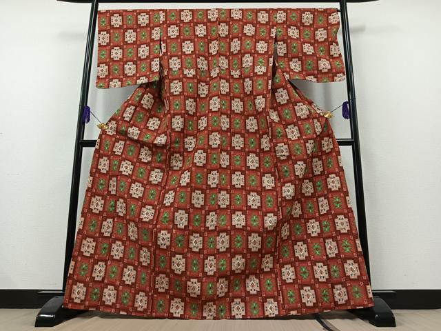 平和屋着物▽上質な紬 　単衣　 市松花文　正絹　逸品　未使用　AAAZ2349jh 平和屋着物▽上質な紬 単衣 市松花文 正絹 逸品 未使用