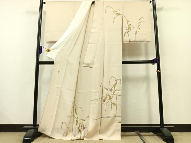 平和屋着物●訪問着　紬地　草花文　正絹　逸品　AAAU4360np 平和屋着物○訪問着 紬地 草花文 正絹 逸品 AAAU4360np