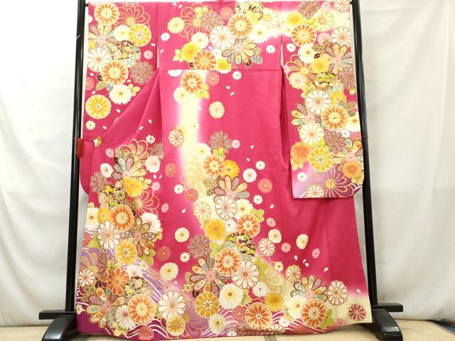 平和屋着物▼豪華振袖　駒刺繍　雪輪花蝶文　暈し染め　金彩　正絹　逸品　AAAZ2676cs