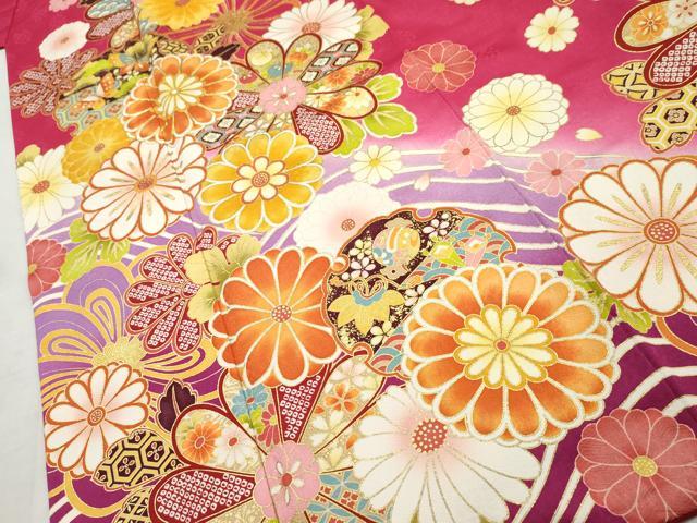 平和屋着物▽豪華振袖 駒刺繍 雪輪花蝶文 暈し染め 金彩