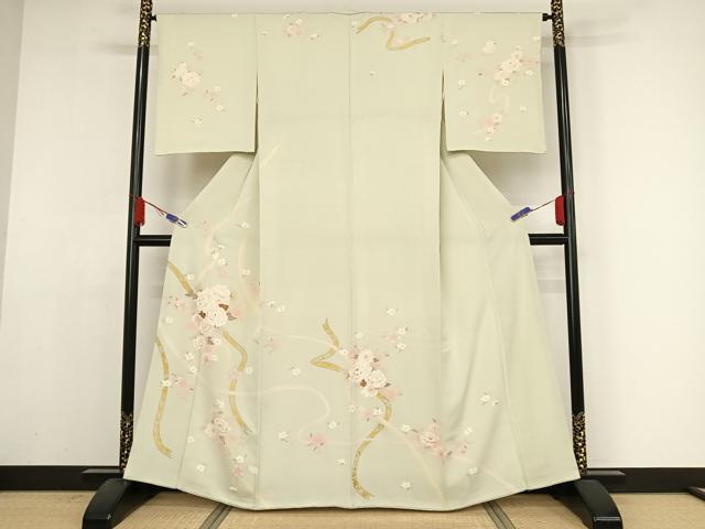 平和屋着物●創業460年・千總　訪問着　草花文　白緑色地　暈し染め　金彩　正絹　逸品　未使用　AAAZ3027np