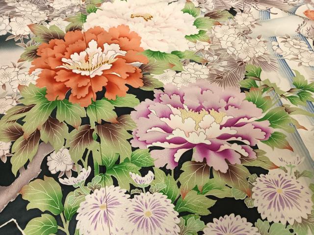 平和屋着物○豪華振袖 松に草花 暈し染め 黒地 正絹 逸品 AAAZ3088np