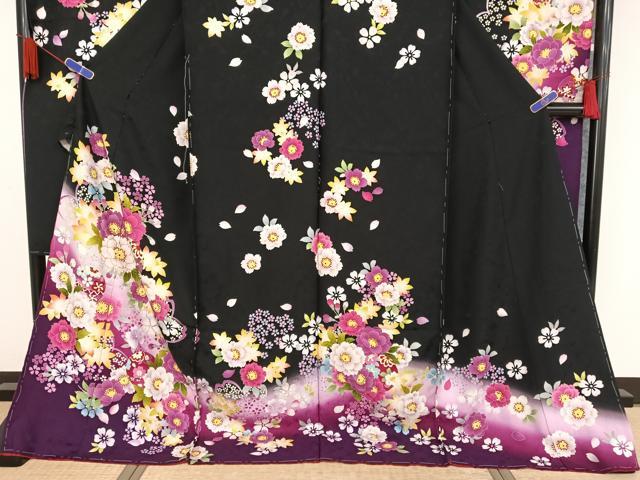 平和屋着物○豪華振袖 京友禅 花毬文 暈し染め 黒地 金彩