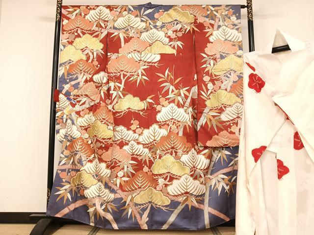 平和屋着物●皇室献上作家　藤井寛　振袖・長襦袢(無双仕立て)セット　駒刺繍　松竹梅　金糸　金彩　正絹　逸品　AAAZ3099np