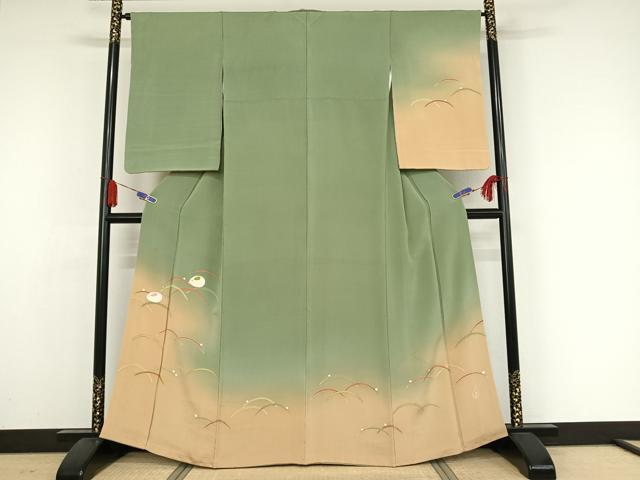 平和屋着物●人形作家・ホリヒロシ　訪問着　露芝にうさぎ　暈し染め　金彩　鬼しぼ縮緬　正絹　逸品　AAAZ3103np