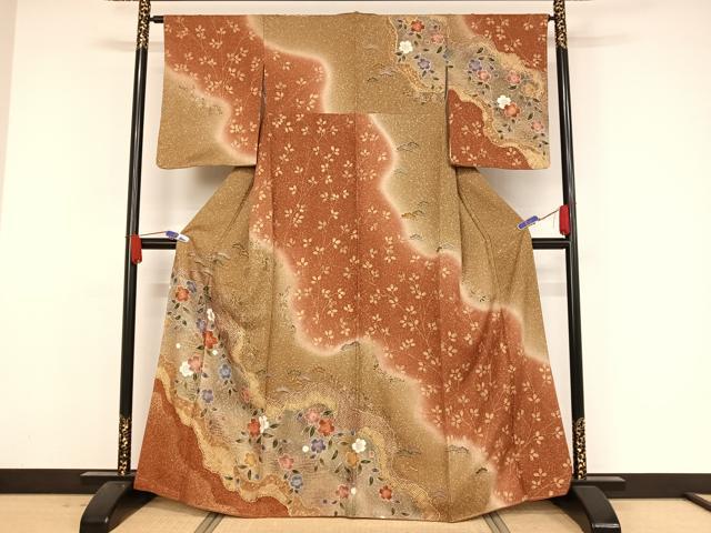 平和屋着物●訪問着　流水草花文　たたき染め　金彩　正絹　逸品　未使用　AAAZ3131np