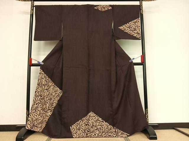 平和屋着物●訪問着　紬地　枝葉文　正絹　逸品　AAAZ3207np