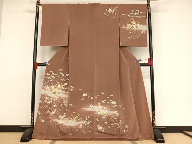 平和屋着物●訪問着　友禅　駒刺繍　流水草花文　金糸　金彩　暈し染め　鬼しぼ縮緬　ロング丈　正絹　逸品　AAAZ3219np