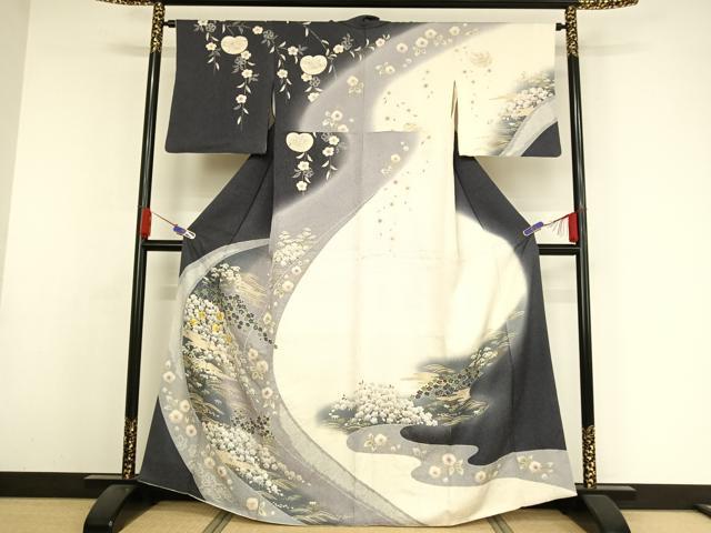 平和屋着物●訪問着　駒刺繍　絞り　枝花文　暈し染め　金彩　金糸　銀通し地　正絹　逸品　AAAZ3242np