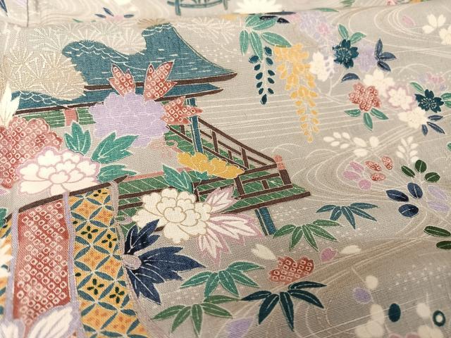 平和屋着物○上質な小紋 友禅 紬地 御所車風景文 金銀彩 正絹