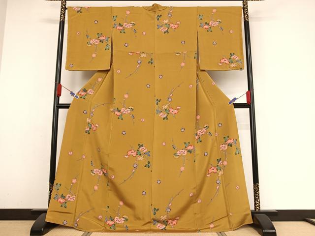 平和屋着物●上質な小紋　型染め　椿　鬼しぼ縮緬　ロング丈　正絹　逸品　未使用　AAAZ3244np 平和屋着物○上質な小紋 型染め 椿 鬼しぼ縮緬 ロング丈 正絹