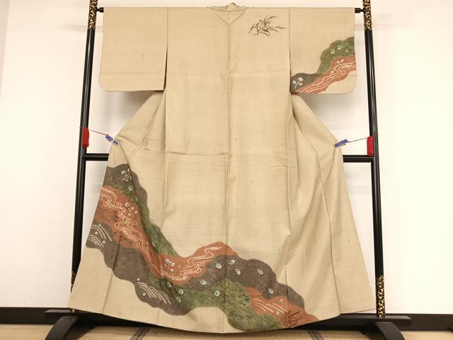 平和屋着物●訪問着　紬地　手描き　絞り　道長草花文　金彩　正絹　逸品　AAAZ3245np