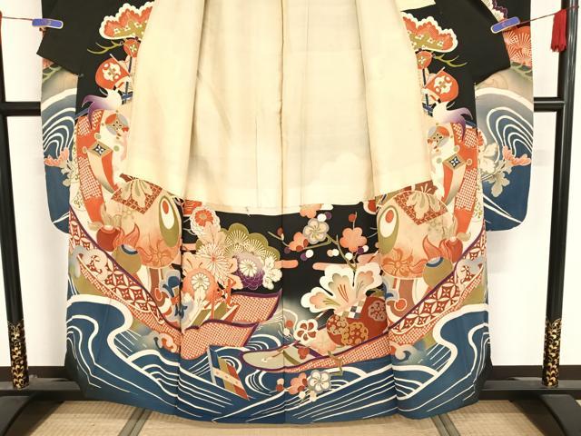 平和屋着物○アンティーク 大正ロマン 振袖 駒刺繍 宝尽くし 黒地 金糸