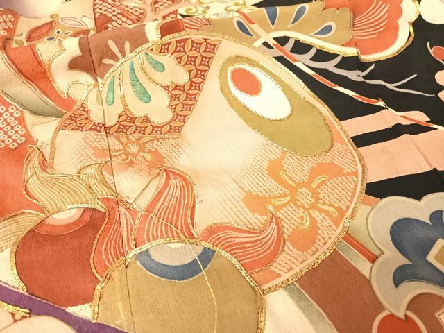 平和屋着物○アンティーク 大正ロマン 振袖 駒刺繍 宝尽くし 黒地 金糸