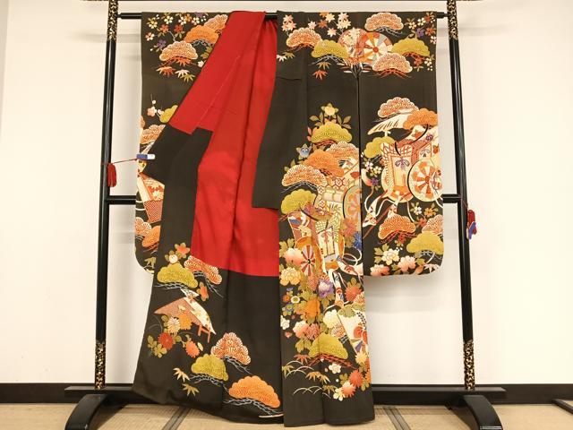 アンティーク着物　二尺袖大正ロマン　小振袖　駒刺繍　檜扇吉祥花文　正絹 アンティーク着物 二尺袖大正ロマン 小振袖 駒刺繍 檜扇吉祥花文