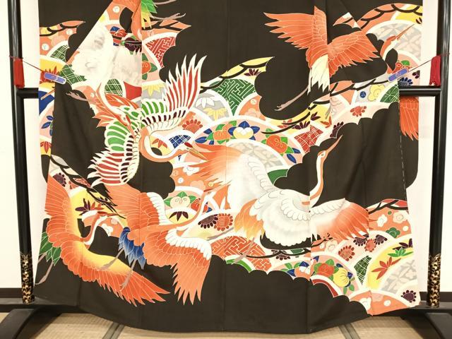 平和屋着物○アンティーク 大正ロマン 振袖 駒刺繍 吉祥飛鶴文 黒地 金糸