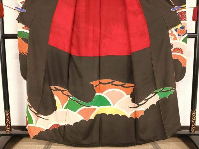 平和屋着物○アンティーク 大正ロマン 振袖 駒刺繍 吉祥飛鶴文 黒地