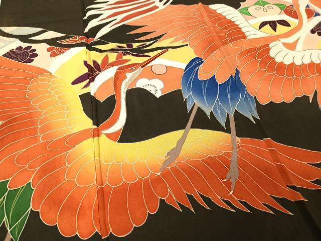 平和屋着物○アンティーク 大正ロマン 振袖 駒刺繍 吉祥飛鶴文 黒地