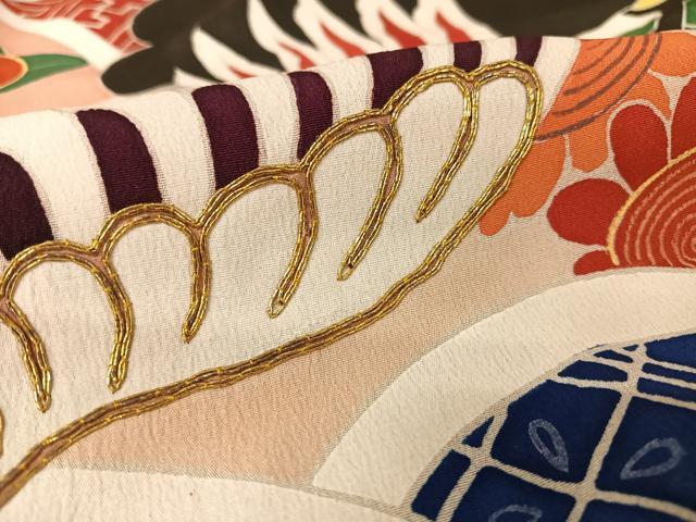 平和屋着物○アンティーク 大正ロマン 振袖 駒刺繍 吉祥飛鶴文 黒地