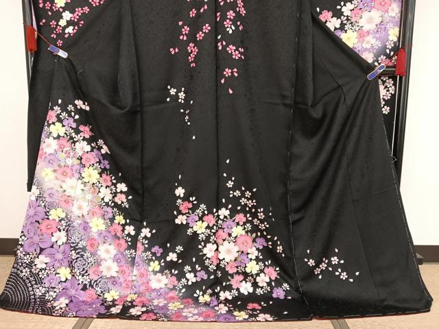 平和屋着物○豪華振袖 舞花文 黒地 銀彩 仮絵羽 逸品 未