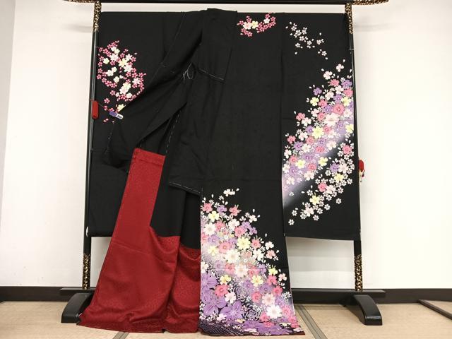 平和屋着物○豪華振袖 舞花文 黒地 銀彩 仮絵羽 逸品 未
