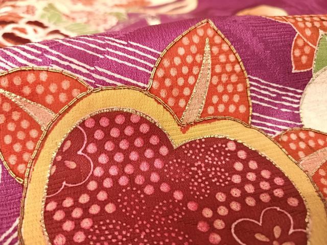 平和屋着物●アンティーク　大正ロマン　訪問着　駒刺繍　檜扇花文　金糸　金彩　正絹　逸品　AAAZ3284np 平和屋着物○アンティーク 大正ロマン 訪問着 駒刺繍 檜扇花文 金糸