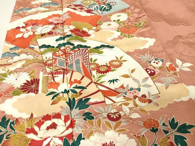 平和屋着物●アンティーク　大正ロマン　訪問着　駒刺繍　扇草花文　金糸　金彩　正絹　逸品　AAAZ3286np 平和屋着物○アンティーク 大正ロマン 訪問着 駒刺繍 扇草花文 金糸 金彩