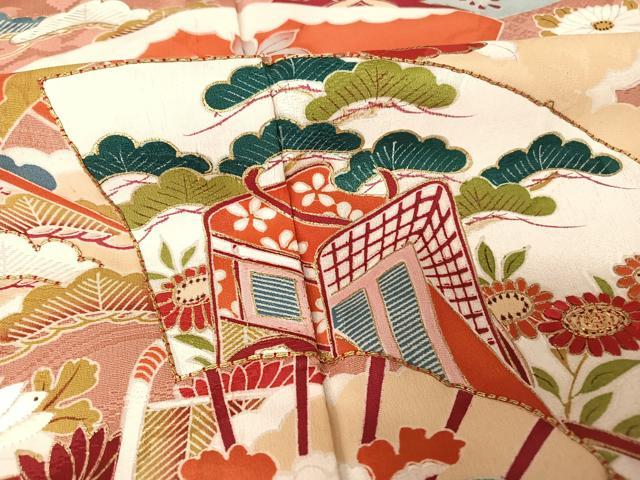 平和屋着物○アンティーク 大正ロマン 訪問着 駒刺繍 扇草花文 金糸 金彩