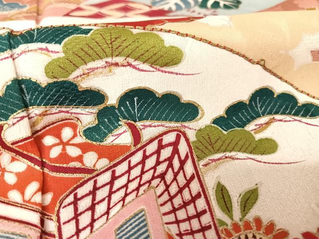 平和屋着物○アンティーク 大正ロマン 訪問着 駒刺繍 扇草花文 金糸 金彩