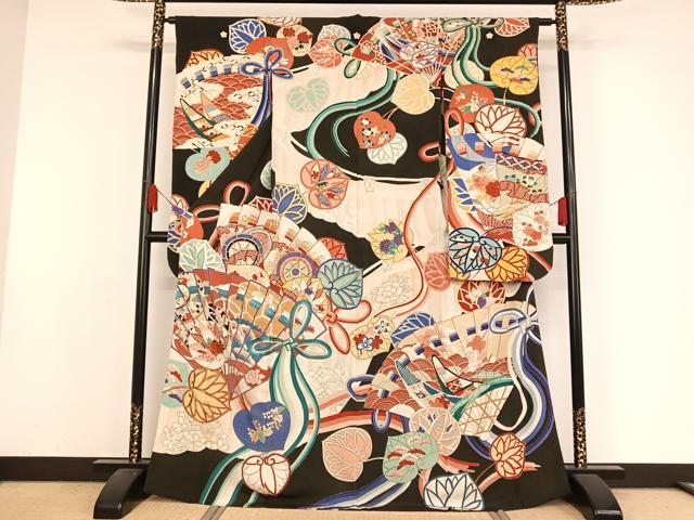 平和屋着物●アンティーク　大正ロマン　振袖　刺繍　檜扇文　葵　金糸　金彩　正絹　逸品　AAAZ3290np