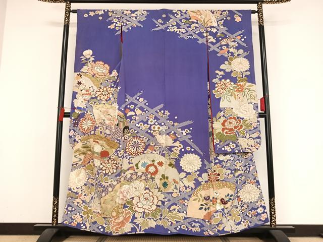 平和屋着物●アンティーク　大正ロマン　振袖　駒刺繍　地紙草花文　金糸　正絹　逸品　AAAZ3291np