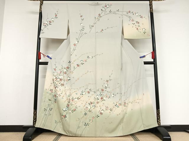 平和屋着物●訪問着　友禅　作家物　枝花文　白花色地　暈し染め　正絹　逸品　AAAZ3304np